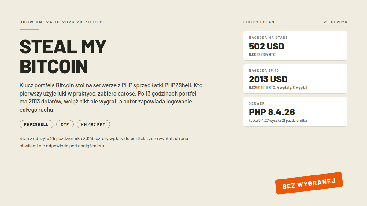 Okładka artykułu o wyzwaniu Steal My Bitcoin: portfel 2013 dolarów na serwerze z PHP 8.4.26 sprzed łatki PHP2Shell, cztery wpłaty i zero wypłat na odczyt 25 października