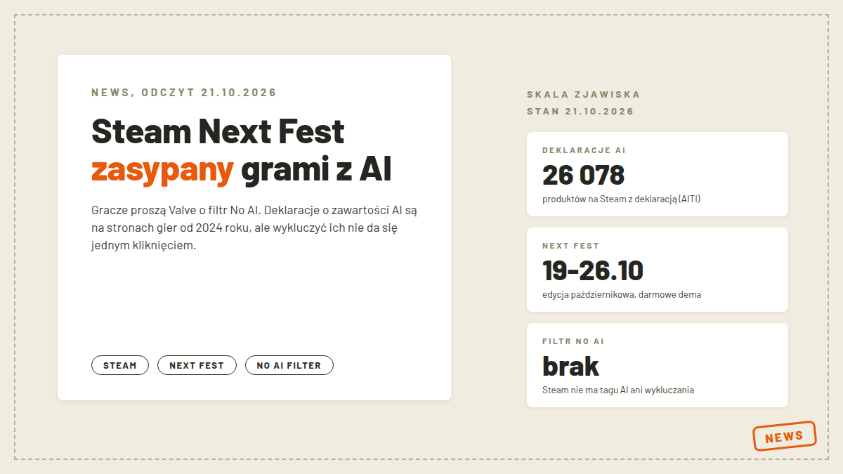 Okładka artykułu o grach z AI na Steam Next Fest: 26 078 produktów z deklaracją AI, edycja 19-26.10, filtr No AI nadal nie istnieje