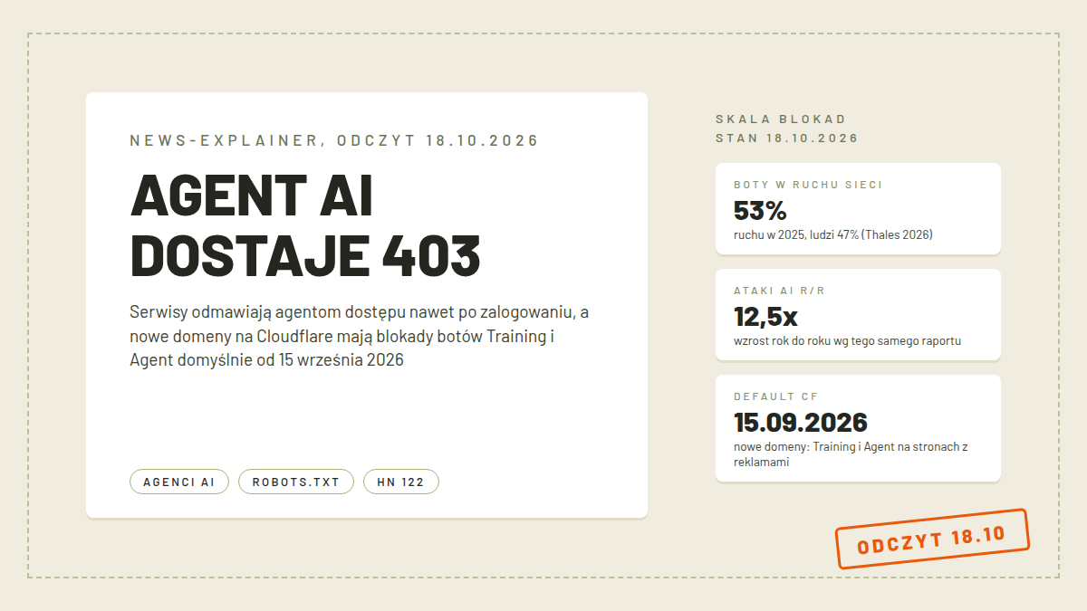 Okładka: napis Agent AI dostaje 403 na białej karcie, obok metryki ruchu botów Thales 2026 i domyślnych blokad Cloudflare
