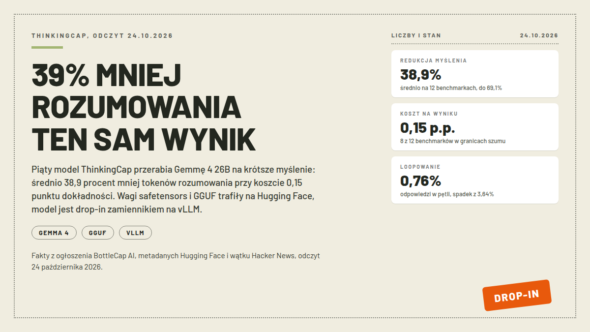 Okładka artykułu o ThinkingCap na Gemmie 4 26B: redukcja myślenia o 38,9 procent, koszt 0,15 punktu dokładności, zapętlenia odpowiedzi spadające do 0,76 procent