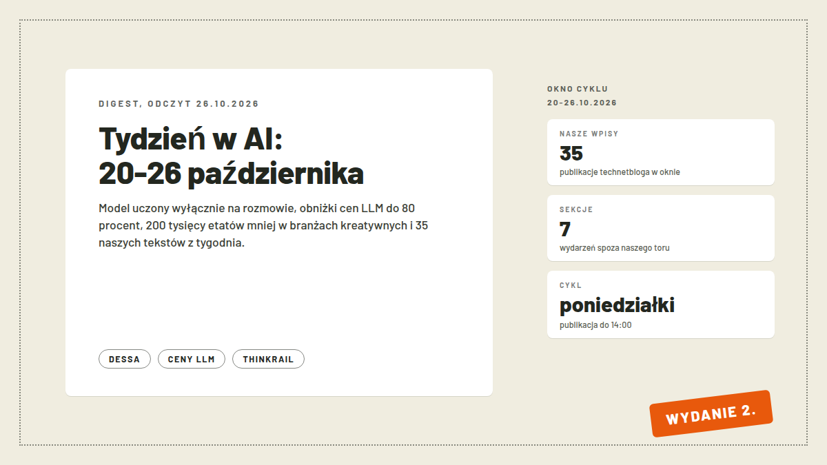 Okładka tygodniowego przeglądu AI za 20-26 października: Dessa od Blocka, obniżki cen LLM, etaty w branżach kreatywnych, GPU-unlock, Cerebras, IBM i Thinkrail, 35 publikacji technetbloga