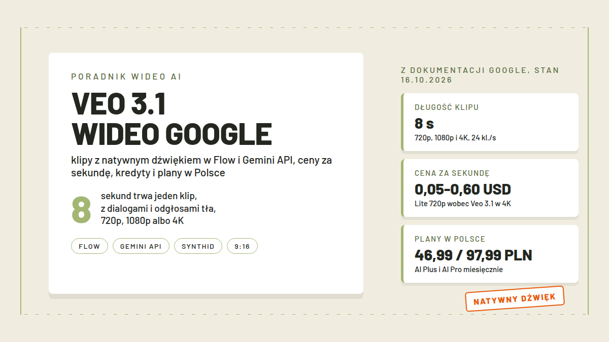 Jasna karta okładki z nagłówkiem VEO 3.1 WIDEO GOOGLE, licznikiem 8 sekund klipu i trzema polami pomiarów: długość klipu, cena za sekundę 0,05-0,60 USD i plany w Polsce 46,99 / 97,99 PLN, na dole pomarańczowa pieczątka NATYWNY DŹWIĘK.