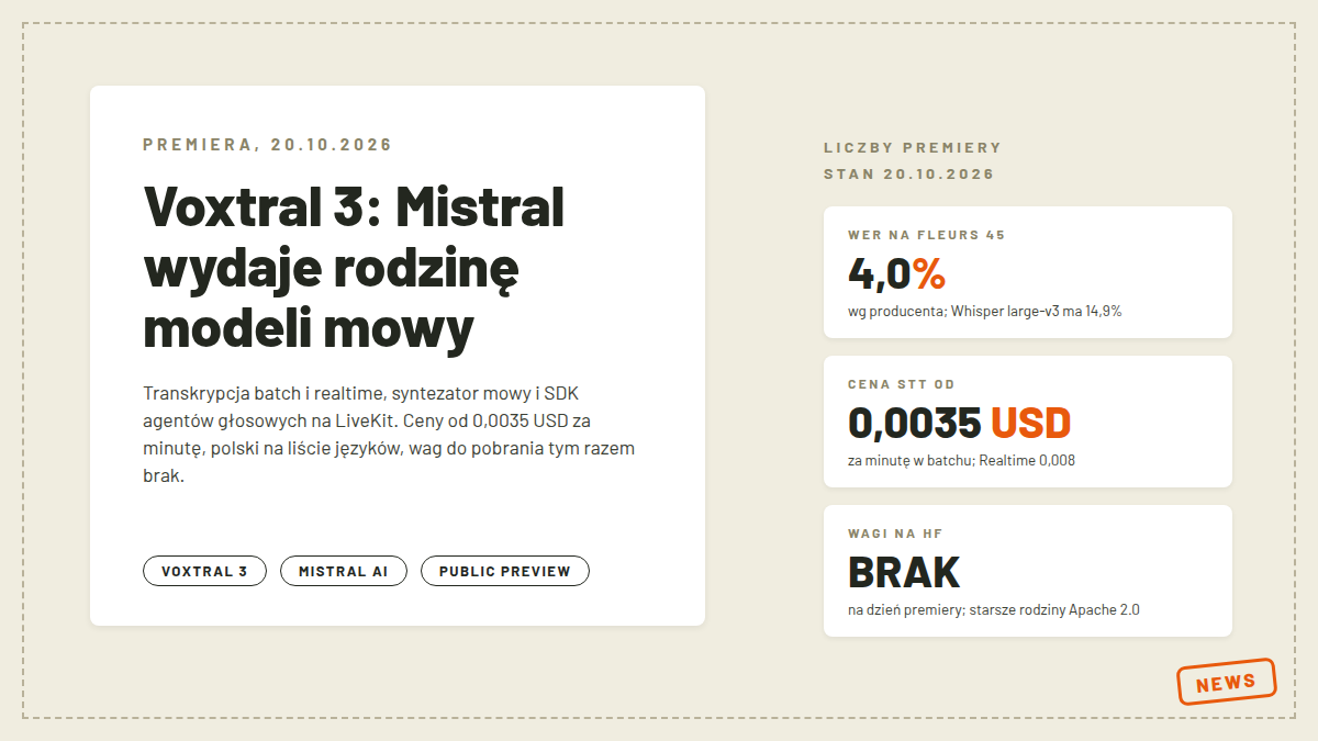 Okładka artykułu o Voxtral 3: rodzina modeli mowy Mistrala z 20 października 2026, transkrypcja od 0,0035 USD za minutę i brak wag do pobrania