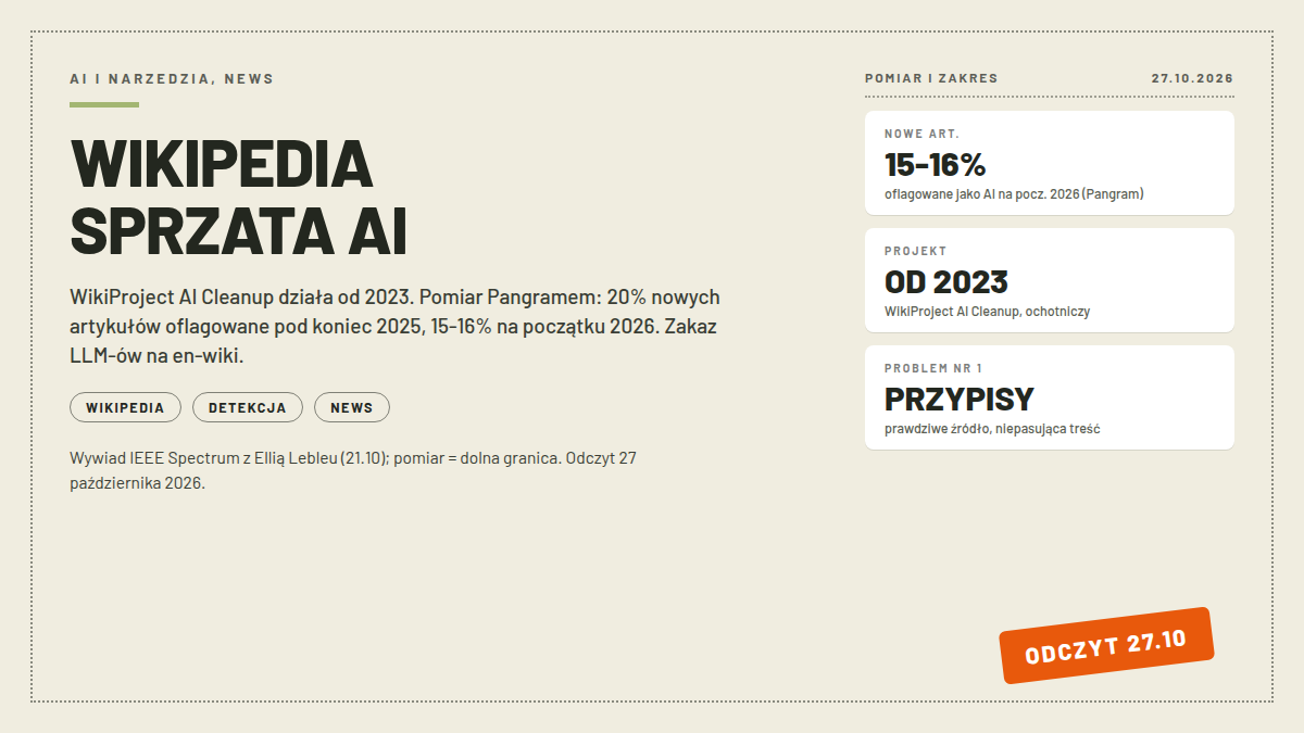 Okładka Wikipedia: nagłówek WIKIPEDIA SPRZATA AI, karty NOWE ART. 15-16%, PROJEKT OD 2023 i PROBLEM NR 1 PRZYPISY; pieczątka ODCZYT 27.10