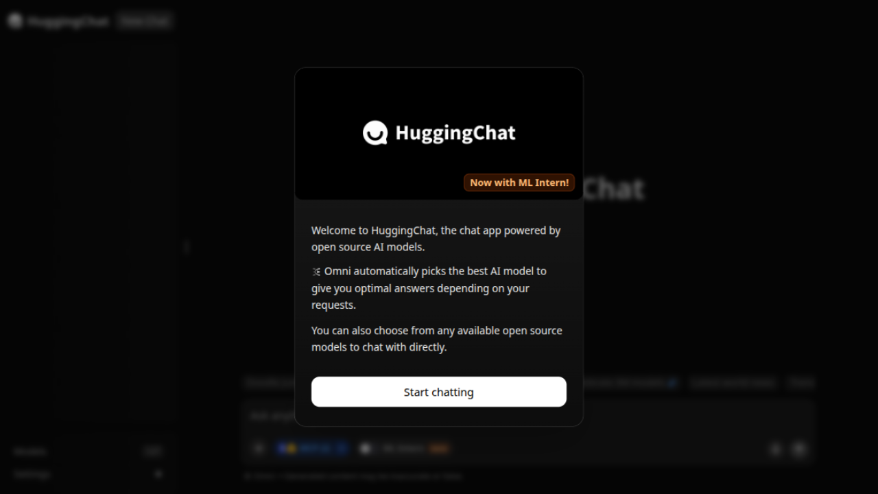 Zrzut ekranu HuggingChat bez logowania: powitalne okno z opisem routera Omni, przyciskiem Start chatting i polem rozmowy Ask anything