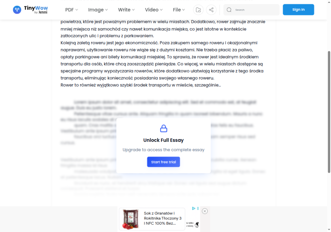 Test TinyWow z 14 października 2026: dwa akapity eseju o rowerze miejskim wygenerowane po polsku bez konta, pod nimi zasłona Unlock Full Essay z przyciskiem Start free trial