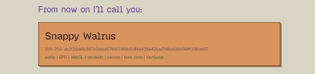 Demo eseju: strona przydziela pseudonim Snappy Walrus wyliczony z hashu SHA-256 parametrów przeglądarki, obok lista wejść audio, GPU, WebGL, renderer, canvas, strefa czasowa i hardware
